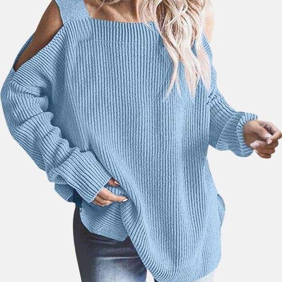 Cold Shoulder Rib Knit Sweater Women Small Blue Viscose Blend Strap Pullover - Picture 5 of 10